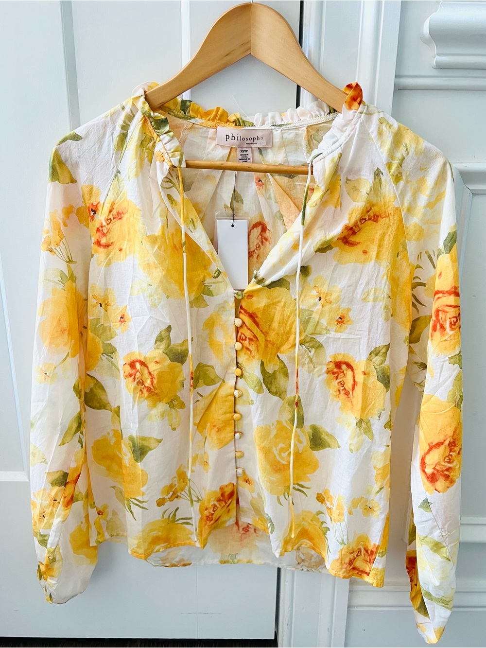 NWT Philosophy Republic Clothing Yellow Rose Floral Ruffle Blouse Boho Size XS